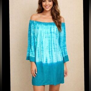 NWT Teal Tie-Dye 100% Rayon Off Shoulder Flare Sleeve Mini Dress Size 1X